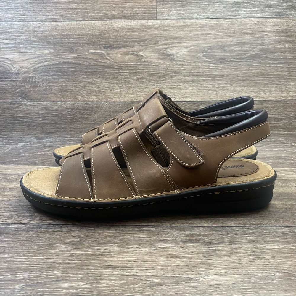MINNETONKA Leather Fisherman's Sandals Open Toe Brown Women 12 Wide Adjustable